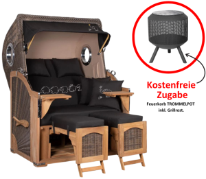 Komplettset Strandkorb Düne Bullauge Teak PE Grey Dessin Ottifant inkl. Feuerkorb