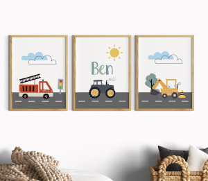 3er Posterset Fahrzeuge Kinderzimmer mit Name (personalisiert)