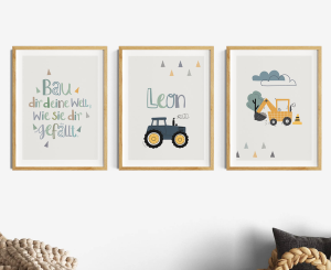 3er Posterset Traktor Kinderzimmer mit Name (personalisiert)