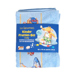 Leo Lausemaus Kinder Frottier-Set, 2-teilig, blau - mit flauschigem Kinderhandtuch und Waschhandschuh, für Jungen und Mädchen - Handtuch 50 x 70 cm, Waschlappen 16 x 21 cm