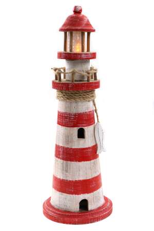 Leuchtturm aus Holz mit LED (flackernd), rot-weiß, 12*12*35cm